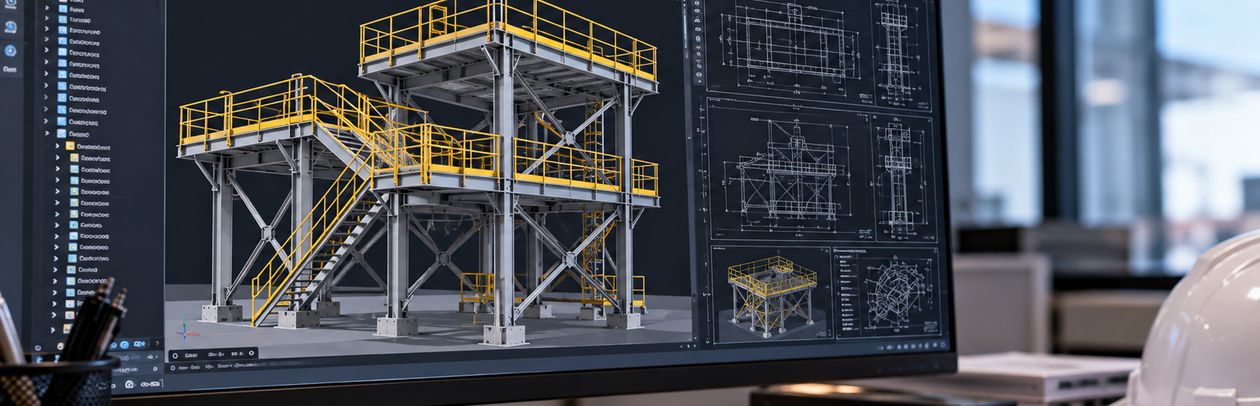 Modelo 3D de estructura con plataformas y planos de detalle